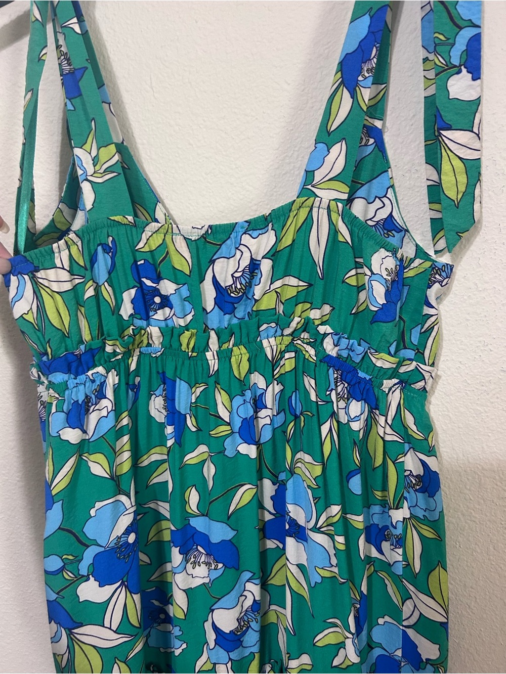 Monteau Los Angeles Floral Tiered Maxi Dress Green Blue Tie Strap Casual Size M - Picture 8 of 11